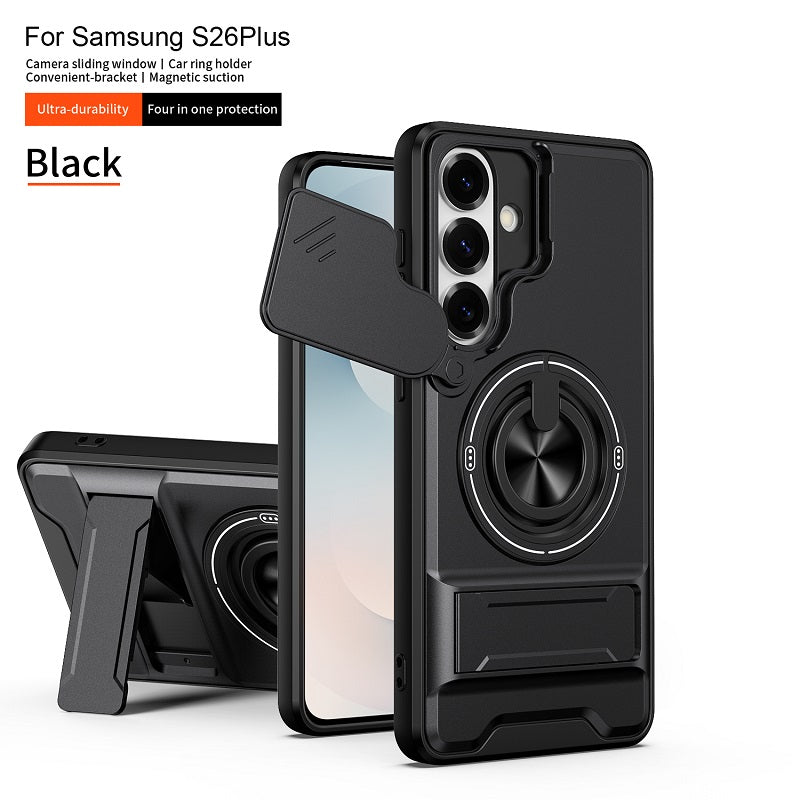 Luxury Slide Camera Lens Cover Case for Samsung Galaxy S26 Plus, Built-in Ring Stand and Folding Stand Magnetic Protective Case
