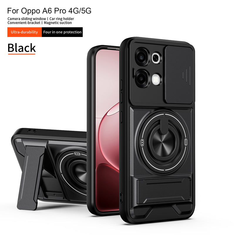 Luxury Slide Camera Lens Cover Case for OPPO A6 Pro 5G/4G, Built-in Ring Stand and Folding Stand Magnetic Protective Case