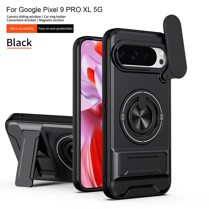 Luxury Slide Camera Lens Cover Case for Google Pixel 9 Pro XL, Built-in Ring Stand and Folding Stand Magnetic Protective Case
