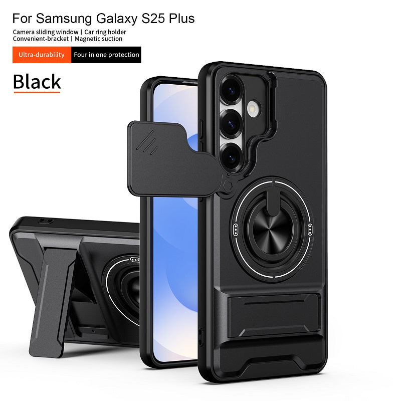 Luxury Slide Camera Lens Cover Case for Samsung Galaxy S25 Plus, Built-in Ring Stand and Folding Stand Magnetic Protective Case