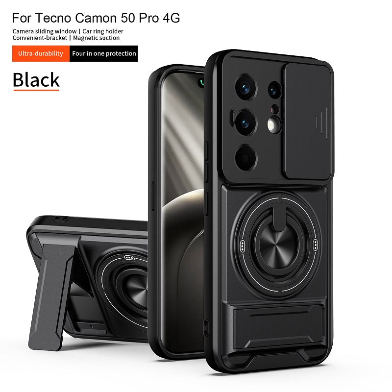 Luxury Slide Camera Lens Cover Case for Tecno Camon 50 Pro 4G, Built-in Ring Stand and Folding Stand Magnetic Protective Case