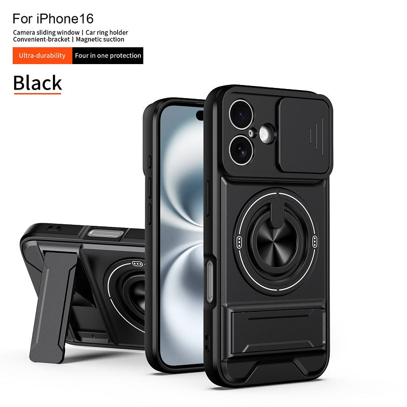 Luxury Slide Camera Lens Cover Case for iPhone 16, Built-in Ring Stand and Folding Stand Magnetic Protective Case