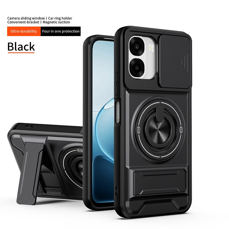 Luxury Slide Camera Lens Cover Case for OPPO A6X 5G/4G, Built-in Ring Stand and Folding Stand Magnetic Protective Case