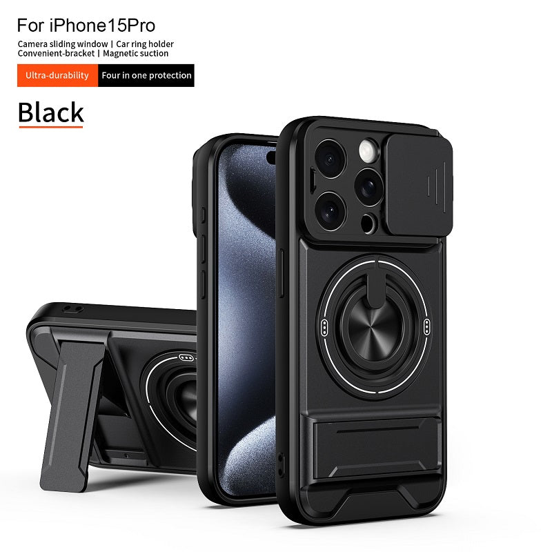Luxury Slide Camera Lens Cover Case for iPhone 15 Pro, Built-in Ring Stand and Folding Stand Magnetic Protective Case