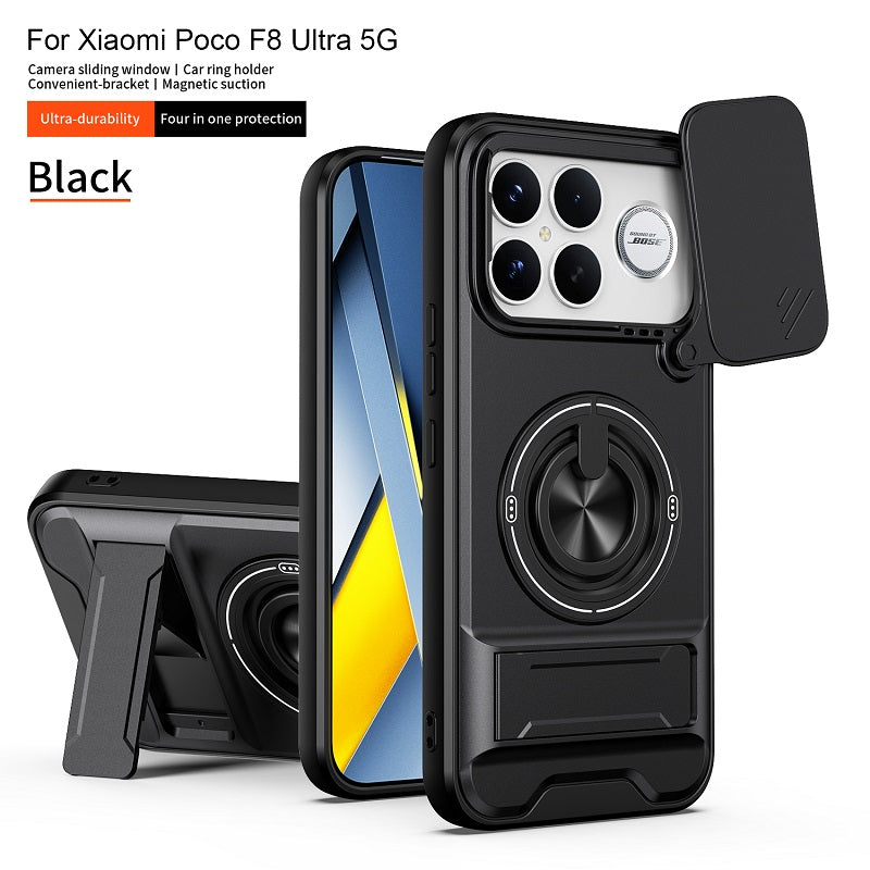 Luxury Slide Camera Lens Cover Case for Xiaomi Poco F8 Ultra, Built-in Ring Stand and Folding Stand Magnetic Protective Case