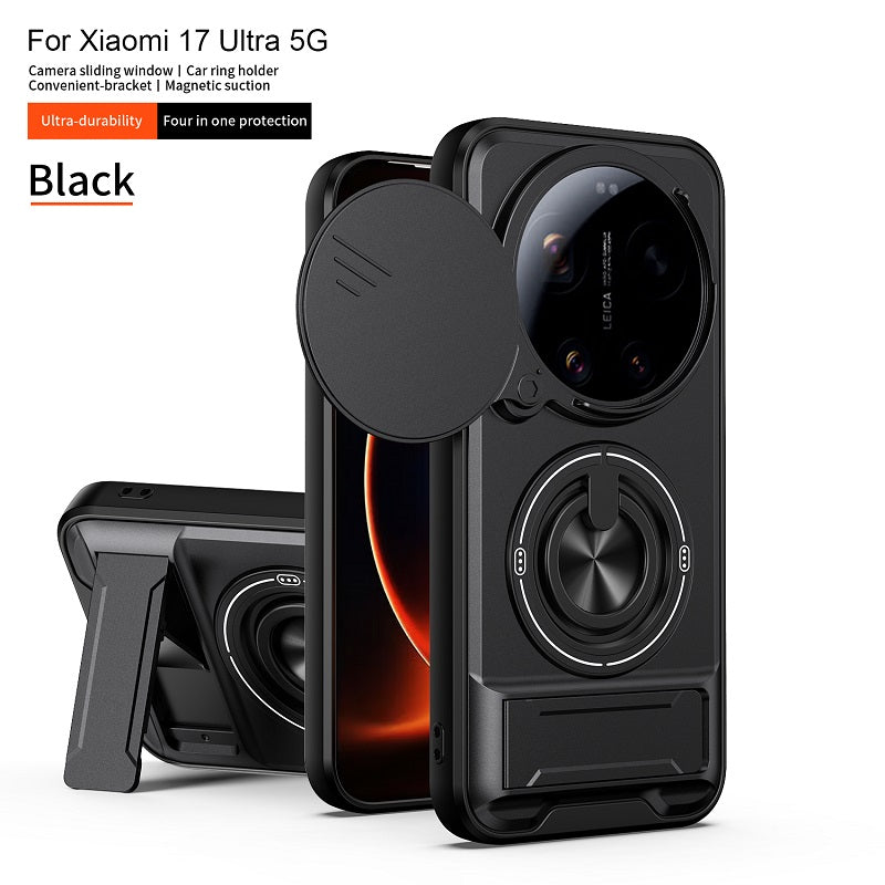 Luxury Slide Camera Lens Cover Case for Xiaomi 17 Ultra 5G, Built-in Ring Stand and Folding Stand Magnetic Protective Case