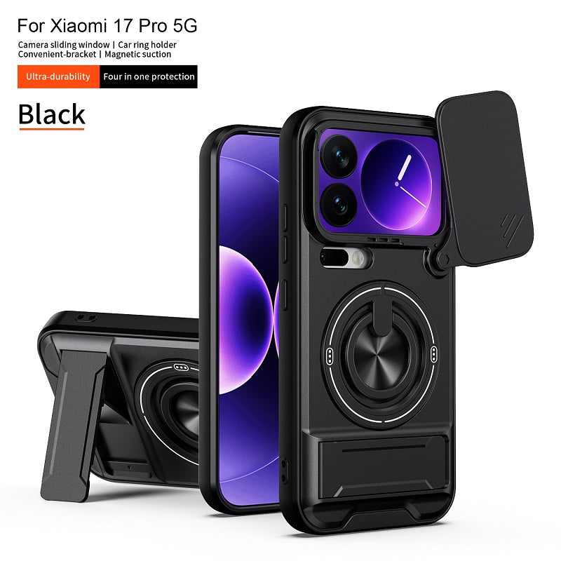 Luxury Slide Camera Lens Cover Case for Xiaomi 17 Pro, Built-in Ring Stand and Folding Stand Magnetic Protective Case