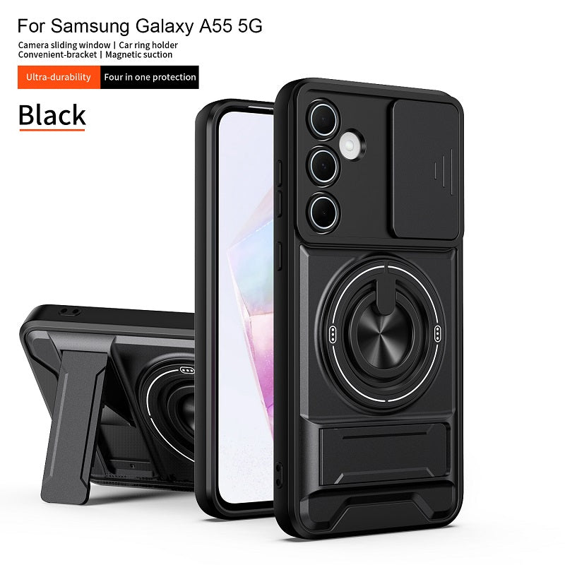 Luxury Slide Camera Lens Cover Case for Samsung Galaxy A55 5G, Built-in Ring Stand and Folding Stand Magnetic Protective Case