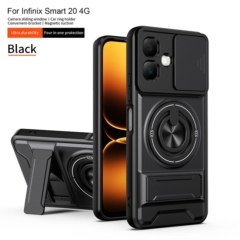 Luxury Slide Camera Lens Cover Case for Infinix Smart 20 4G, Built-in Ring Stand and Folding Stand Magnetic Protective Case