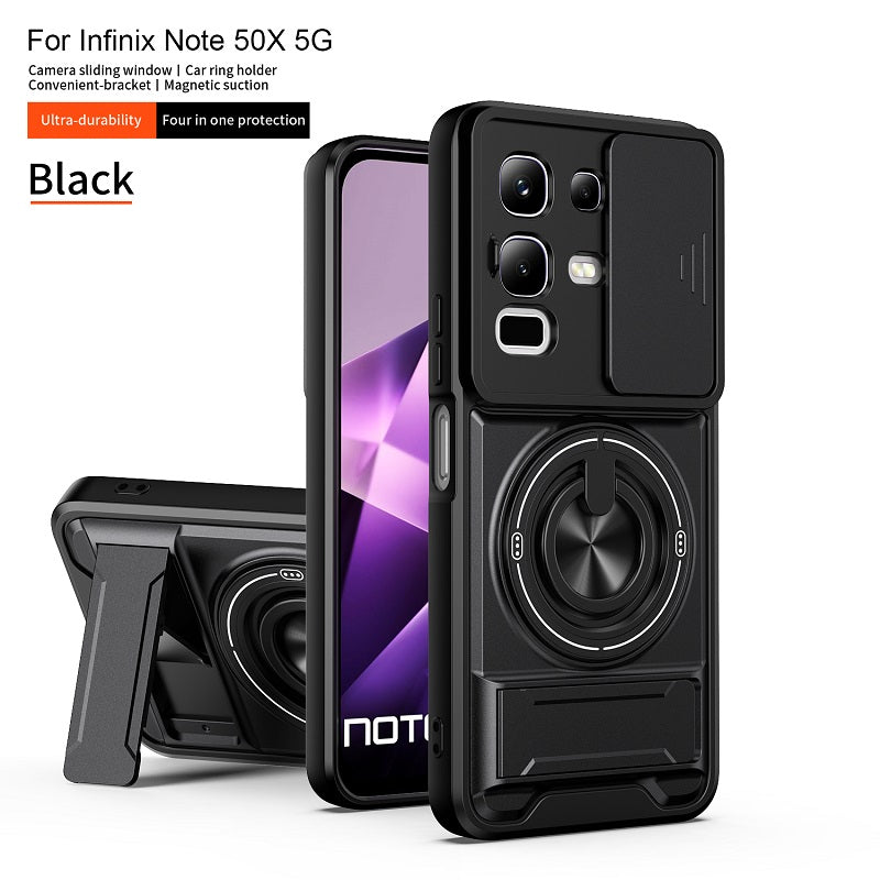 Luxury Slide Camera Lens Cover Case for Infinix Note 50X 5G, Built-in Ring Stand and Folding Stand Magnetic Protective Case
