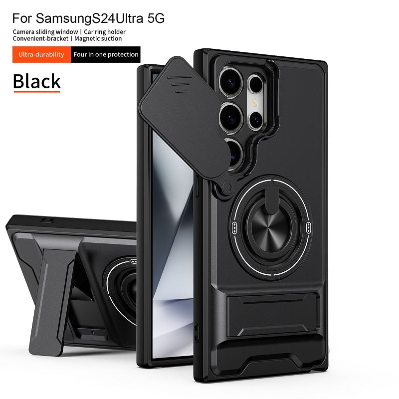 Luxury Slide Camera Lens Cover Case for Samsung Galaxy S24 Ultra, Built-in Ring Stand and Folding Stand Magnetic Protective Case