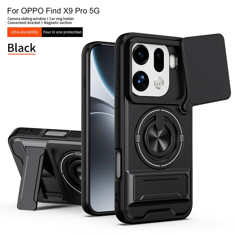 Luxury Slide Camera Lens Cover Case for OPPO Find X9 Pro, Built-in Ring Stand and Folding Stand Magnetic Protective Case