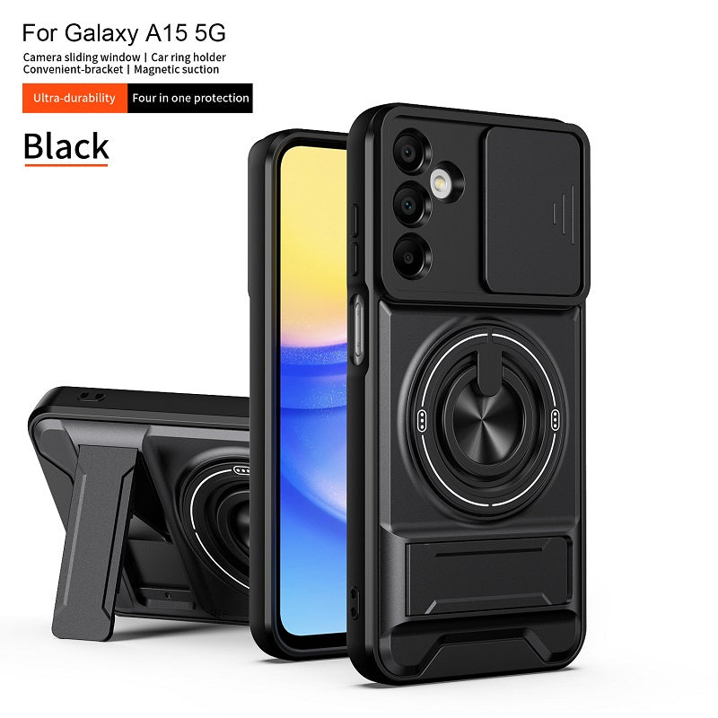 Luxury Slide Camera Lens Cover Case for Samsung Galaxy A15 5G/4G, Built-in Ring Stand and Folding Stand Magnetic Protective Case