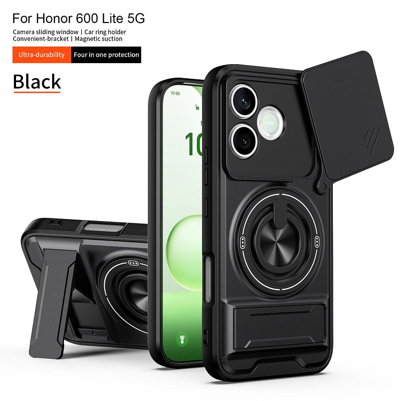 Luxury Slide Camera Lens Cover Case for Honor 600 Lite, Built-in Ring Stand and Folding Stand Magnetic Protective Case