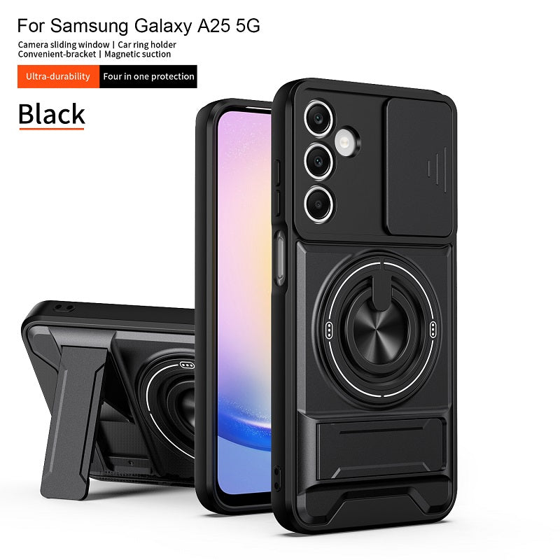 Luxury Slide Camera Lens Cover Case for Samsung Galaxy A25 5G, Built-in Ring Stand and Folding Stand Magnetic Protective Case