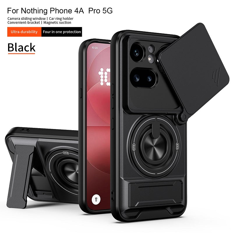 Luxury Slide Camera Lens Cover Case for Nothing Phone (4a) Pro 5G, Built-in Ring Stand and Folding Stand Magnetic Protective Case
