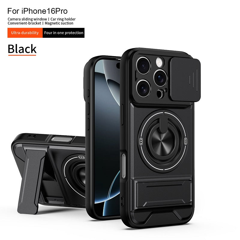 Luxury Slide Camera Lens Cover Case for iPhone 16 Pro, Built-in Ring Stand and Folding Stand Magnetic Protective Case