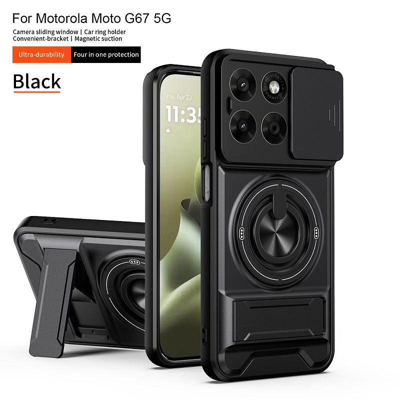 Luxury Slide Camera Lens Cover Case for Motorola Moto G67 5G, Built-in Ring Stand and Folding Stand Magnetic Protective Case