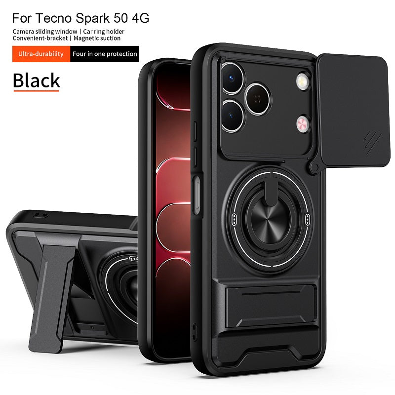 Luxury Slide Camera Lens Cover Case for Tecno Spark 50 4G, Built-in Ring Stand and Folding Stand Magnetic Protective Case