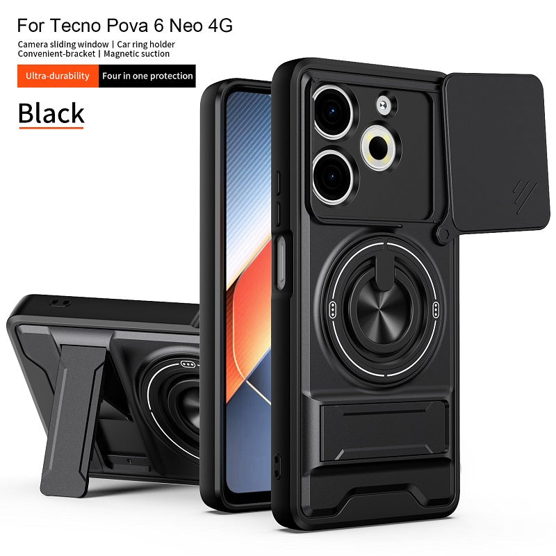 Luxury Slide Camera Lens Cover Case for Tecno Pova 6 Neo 4G, Built-in Ring Stand and Folding Stand Magnetic Protective Case