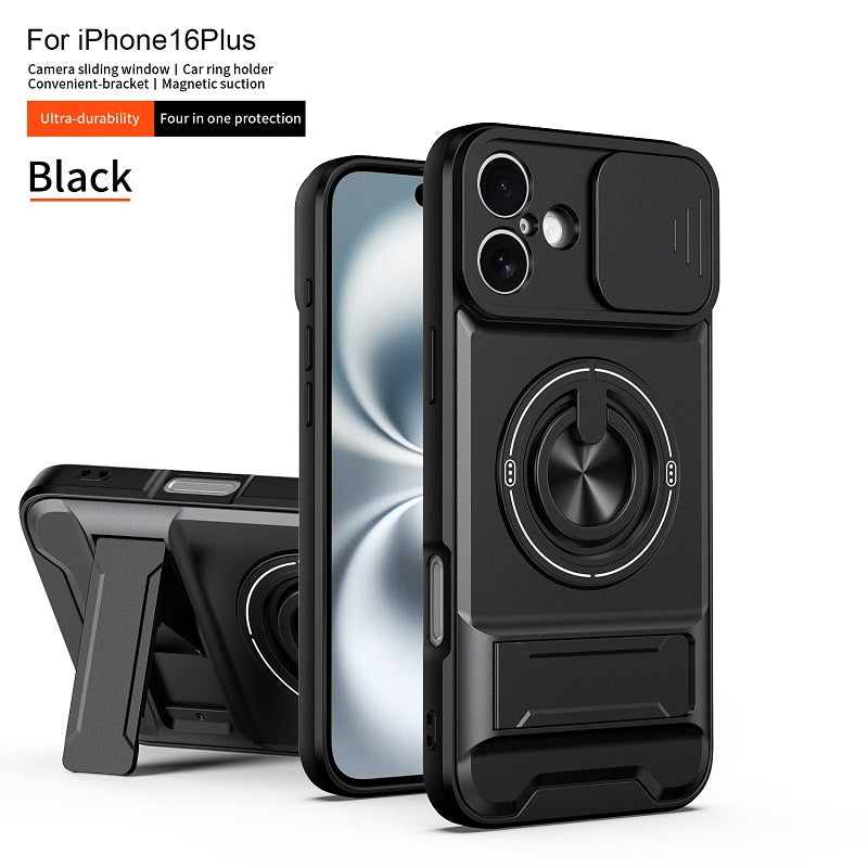 Luxury Slide Camera Lens Cover Case for iPhone 16 Plus, Built-in Ring Stand and Folding Stand Magnetic Protective Case