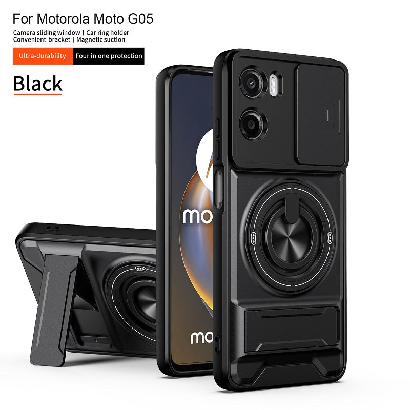 Luxury Slide Camera Lens Cover Case for Motorola Moto G05 4G, Built-in Ring Stand and Folding Stand Magnetic Protective Case