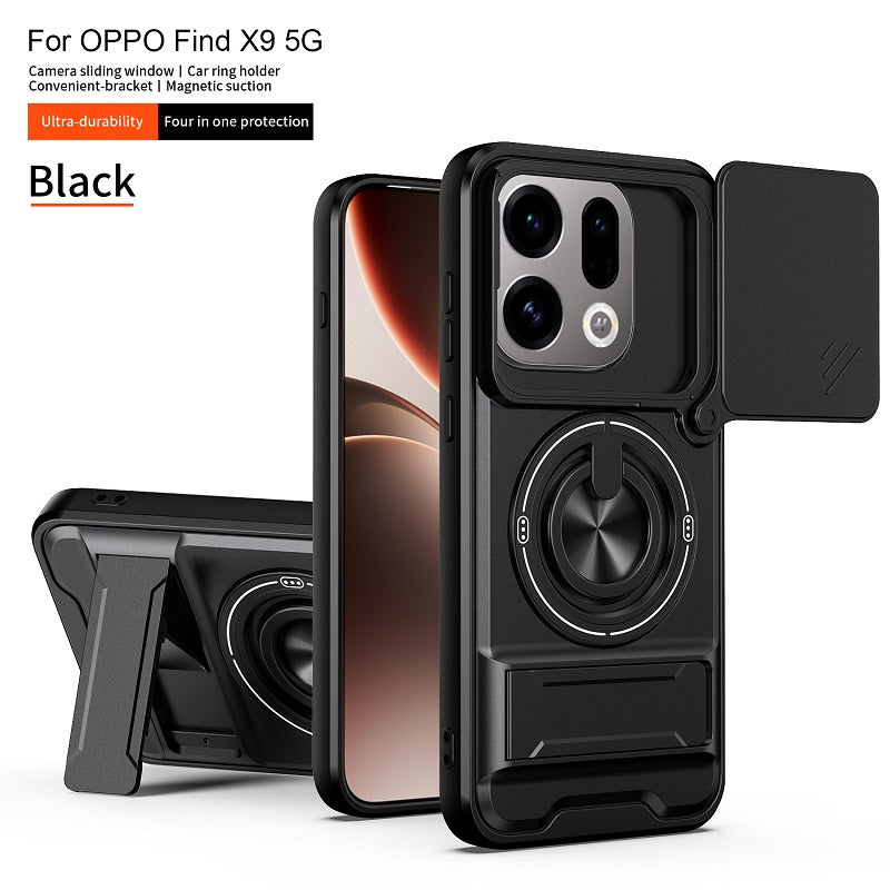 Luxury Slide Camera Lens Cover Case for OPPO Find X9, Built-in Ring Stand and Folding Stand Magnetic Protective Case