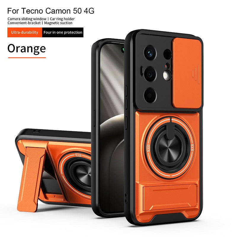 Luxury Slide Camera Lens Cover Case for Tecno Camon 50 4G, Built-in Ring Stand and Folding Stand Magnetic Protective Case