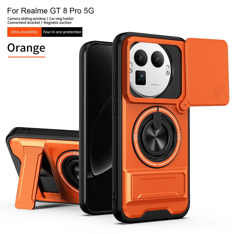 Luxury Slide Camera Lens Cover Case for OPPO Realme GT 8 Pro 5G, Built-in Ring Stand and Folding Stand Magnetic Protective Case