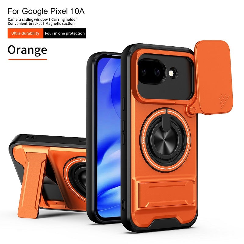 Luxury Slide Camera Lens Cover Case for Google Pixel 10A, Built-in Ring Stand and Folding Stand Magnetic Protective Case