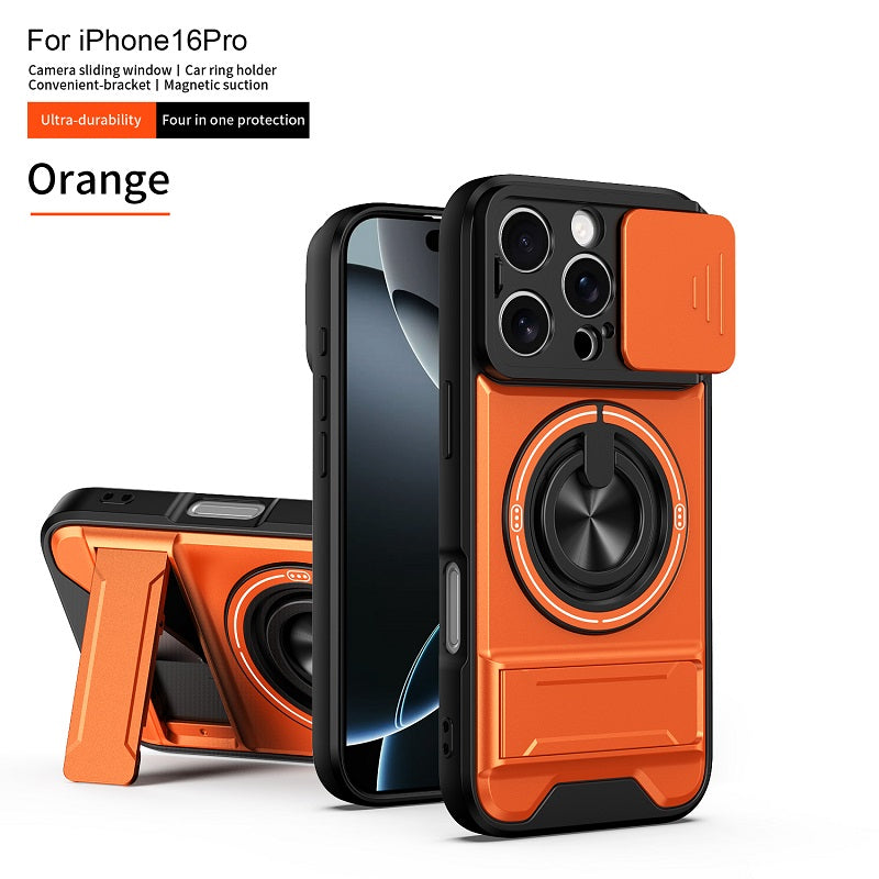 Luxury Slide Camera Lens Cover Case for iPhone 16 Pro, Built-in Ring Stand and Folding Stand Magnetic Protective Case
