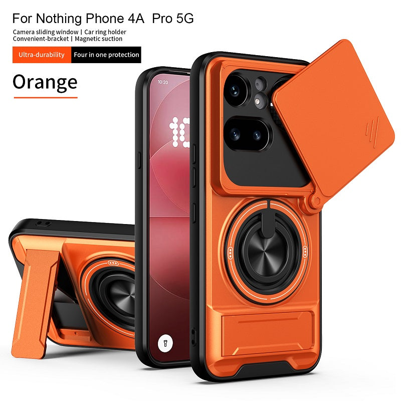 Luxury Slide Camera Lens Cover Case for Nothing Phone (4a) Pro 5G, Built-in Ring Stand and Folding Stand Magnetic Protective Case