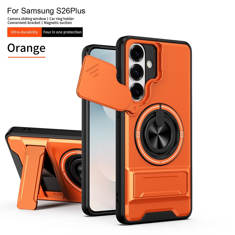 Luxury Slide Camera Lens Cover Case for Samsung Galaxy S26 Plus, Built-in Ring Stand and Folding Stand Magnetic Protective Case