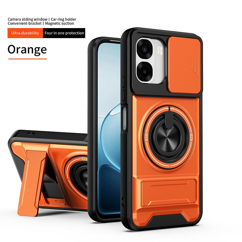 Luxury Slide Camera Lens Cover Case for OPPO A6X 5G/4G, Built-in Ring Stand and Folding Stand Magnetic Protective Case