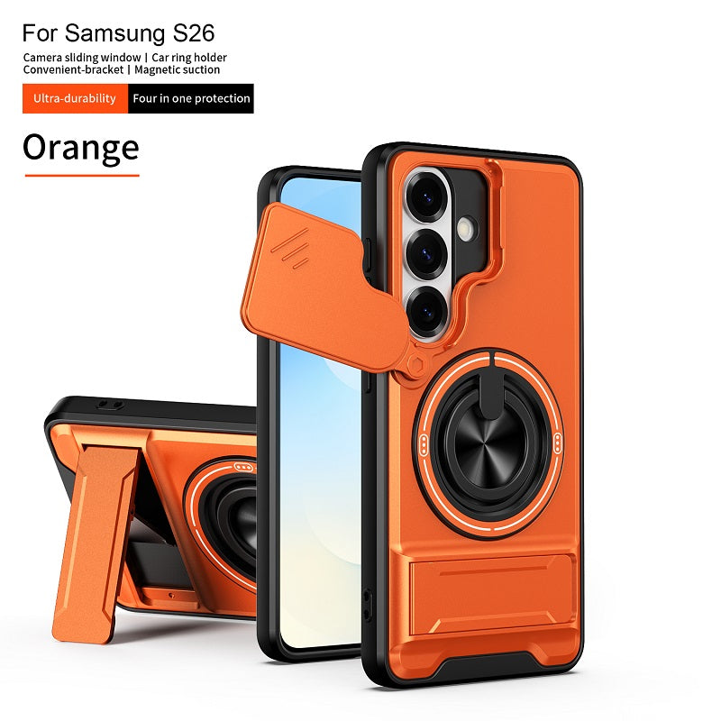 Luxury Slide Camera Lens Cover Case for Samsung Galaxy S26, Built-in Ring Stand and Folding Stand Magnetic Protective Case