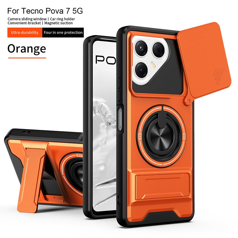 Luxury Slide Camera Lens Cover Case for Tecno Pova 7 5G, Built-in Ring Stand and Folding Stand Magnetic Protective Case