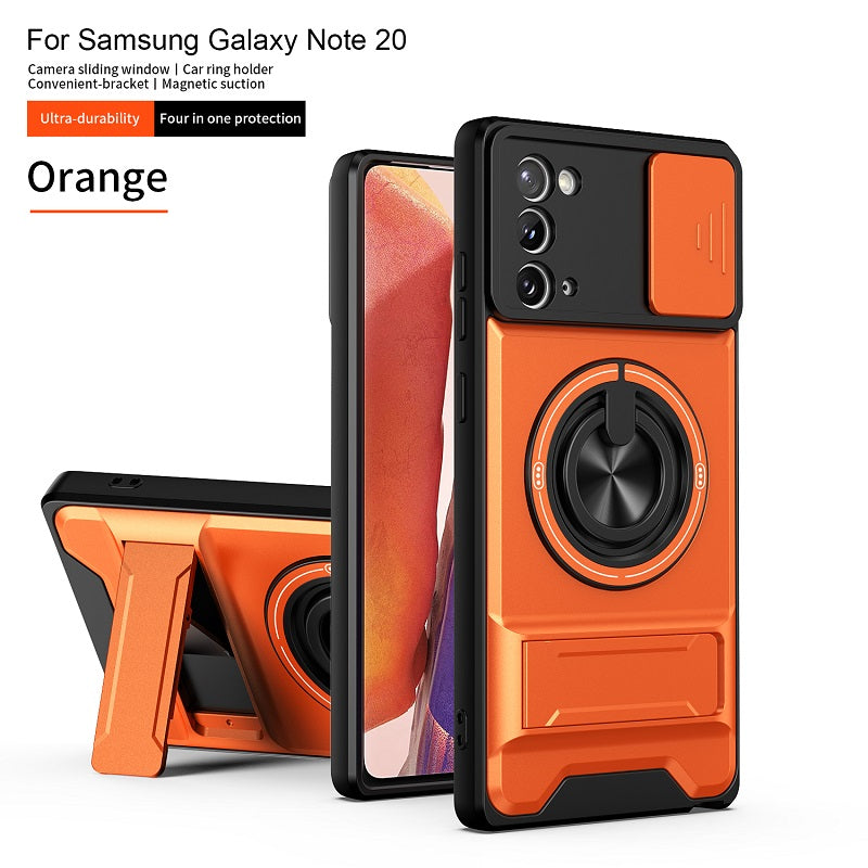 Luxury Slide Camera Lens Cover Case for Samsung Galaxy Note 20, Built-in Ring Stand and Folding Stand Magnetic Protective Case
