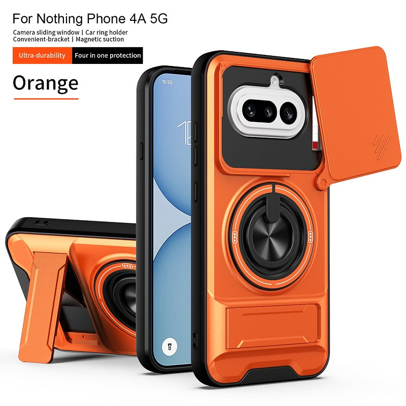 Luxury Slide Camera Lens Cover Case for Nothing Phone (4a) 5G, Built-in Ring Stand and Folding Stand Magnetic Protective Case