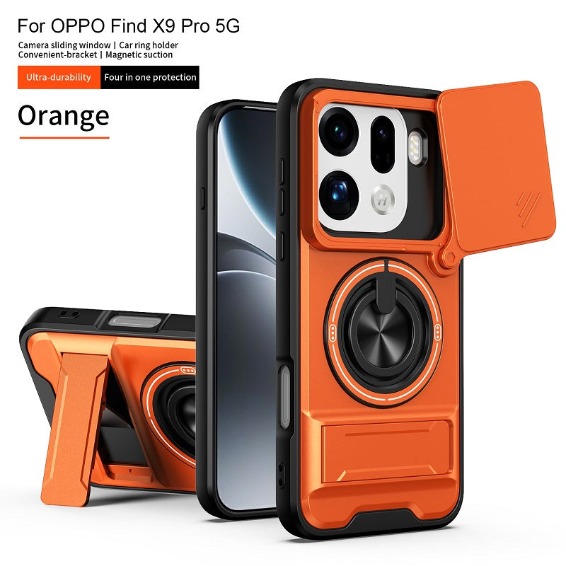 Luxury Slide Camera Lens Cover Case for OPPO Find X9 Pro, Built-in Ring Stand and Folding Stand Magnetic Protective Case