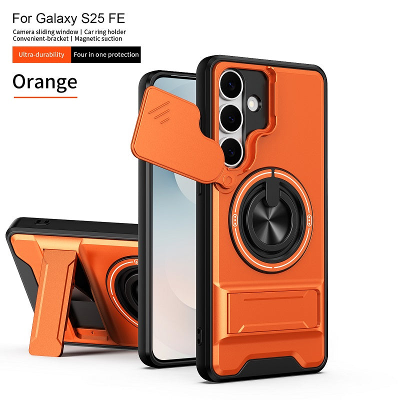 Luxury Slide Camera Lens Cover Case for Samsung Galaxy S25 FE, Built-in Ring Stand and Folding Stand Magnetic Protective Case