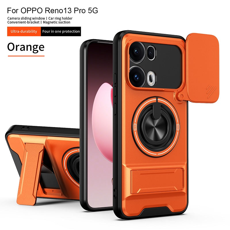 Luxury Slide Camera Lens Cover Case for OPPO Reno 13 Pro 5G, Built-in Ring Stand and Folding Stand Magnetic Protective Case