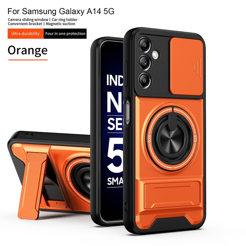 Luxury Slide Camera Lens Cover Case for Samsung Galaxy A14 5G/4G, Built-in Ring Stand and Folding Stand Magnetic Protective Case