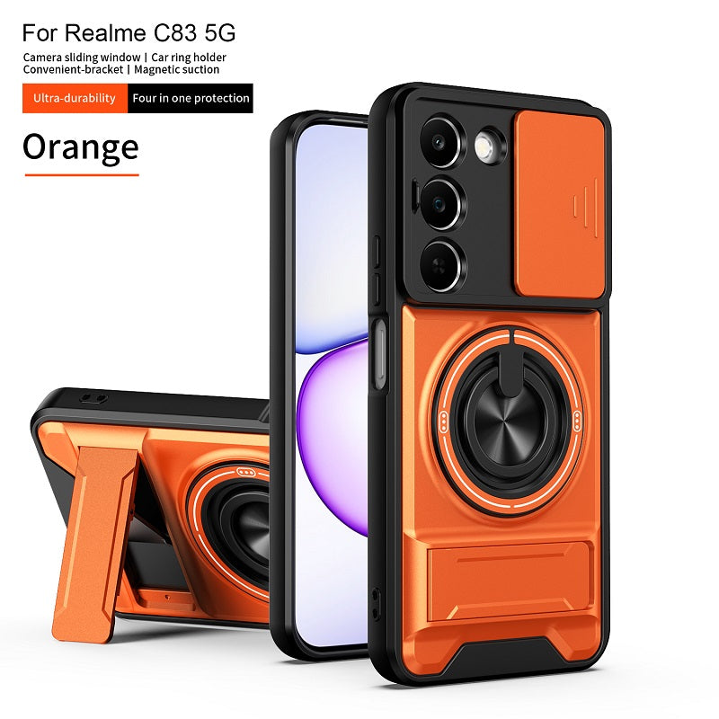 Luxury Slide Camera Lens Cover Case for OPPO Realme C83 5G, Built-in Ring Stand and Folding Stand Magnetic Protective Case