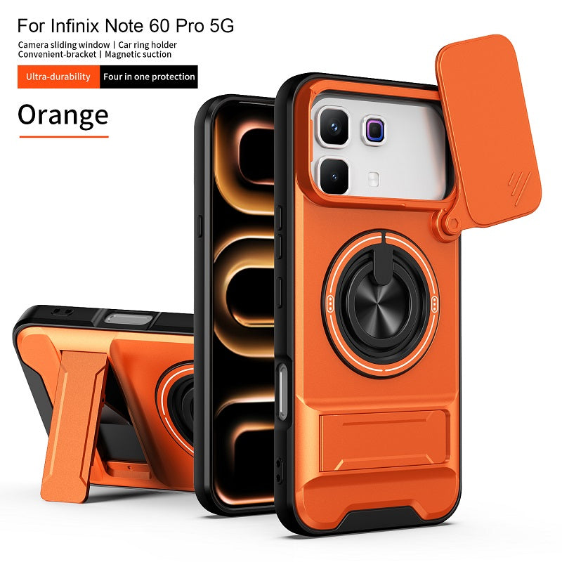 Luxury Slide Camera Lens Cover Case for Infinix Note 60 Pro 5G, Built-in Ring Stand and Folding Stand Magnetic Protective Case