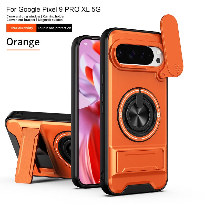 Luxury Slide Camera Lens Cover Case for Google Pixel 9 Pro XL, Built-in Ring Stand and Folding Stand Magnetic Protective Case