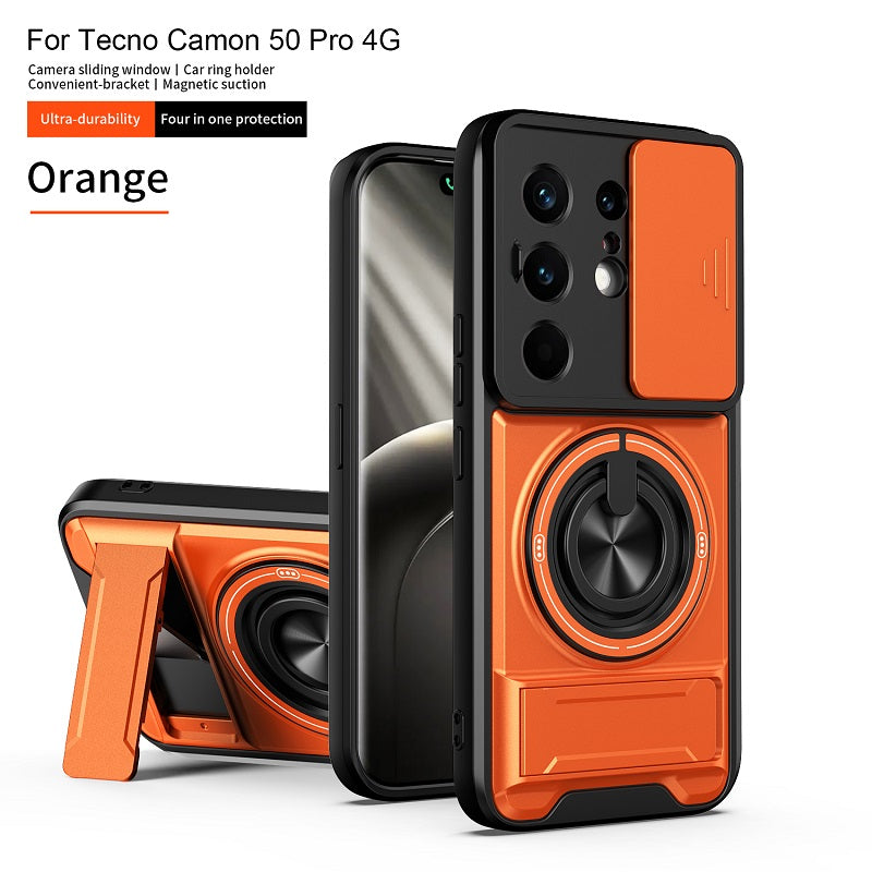 Luxury Slide Camera Lens Cover Case for Tecno Camon 50 Pro 4G, Built-in Ring Stand and Folding Stand Magnetic Protective Case