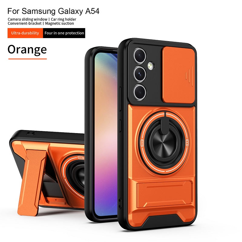 Luxury Slide Camera Lens Cover Case for Samsung Galaxy A54 5G, Built-in Ring Stand and Folding Stand Magnetic Protective Case