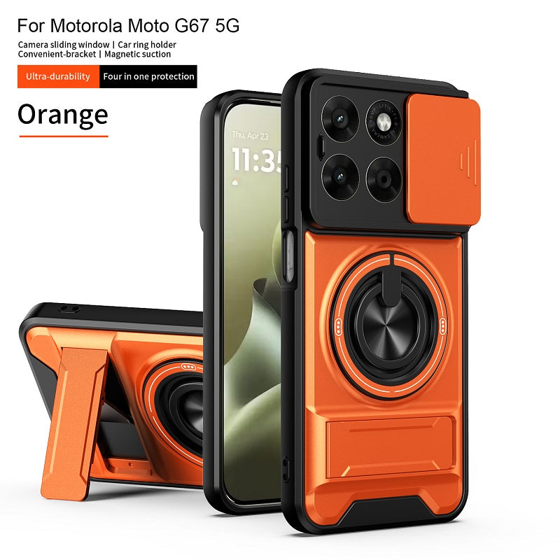 Luxury Slide Camera Lens Cover Case for Motorola Moto G67 5G, Built-in Ring Stand and Folding Stand Magnetic Protective Case