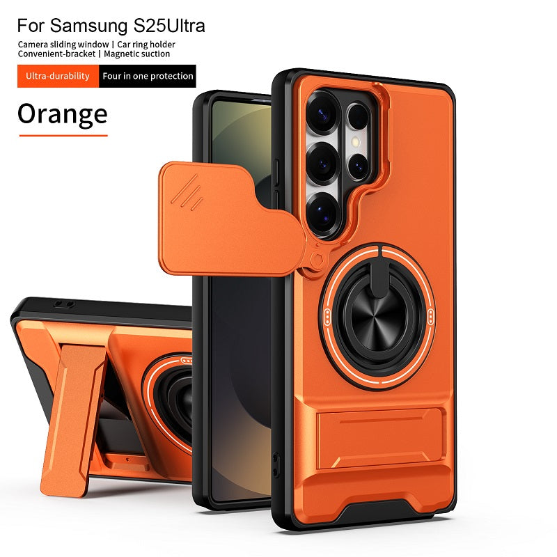 Luxury Slide Camera Lens Cover Case for Samsung Galaxy S25 Ultra, Built-in Ring Stand and Folding Stand Magnetic Protective Case