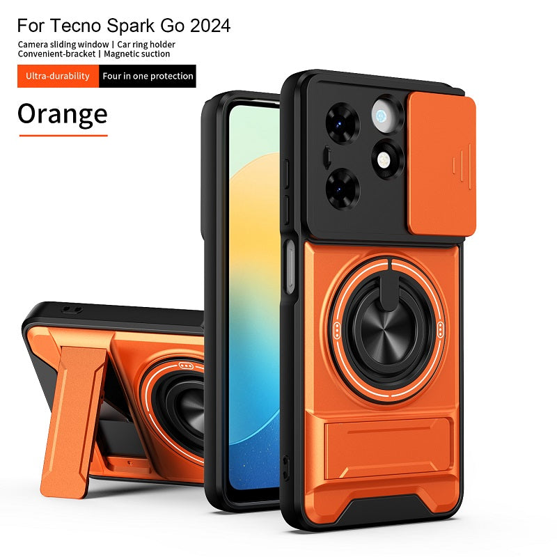 Luxury Slide Camera Lens Cover Case for Tecno Spark Go 2024, Built-in Ring Stand and Folding Stand Magnetic Protective Case